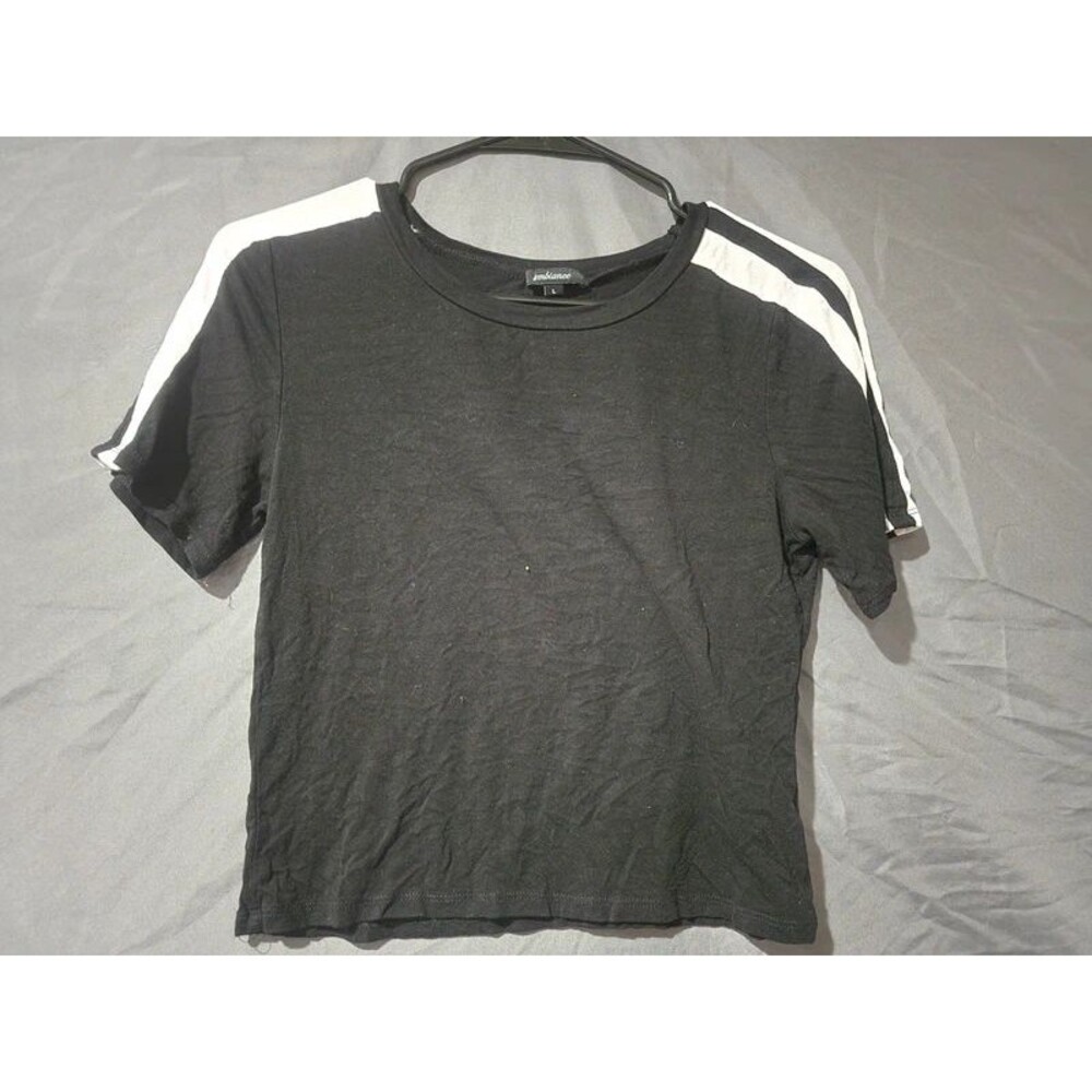 Ambiance Black Crop Top White Sleeve Stripes Tee L